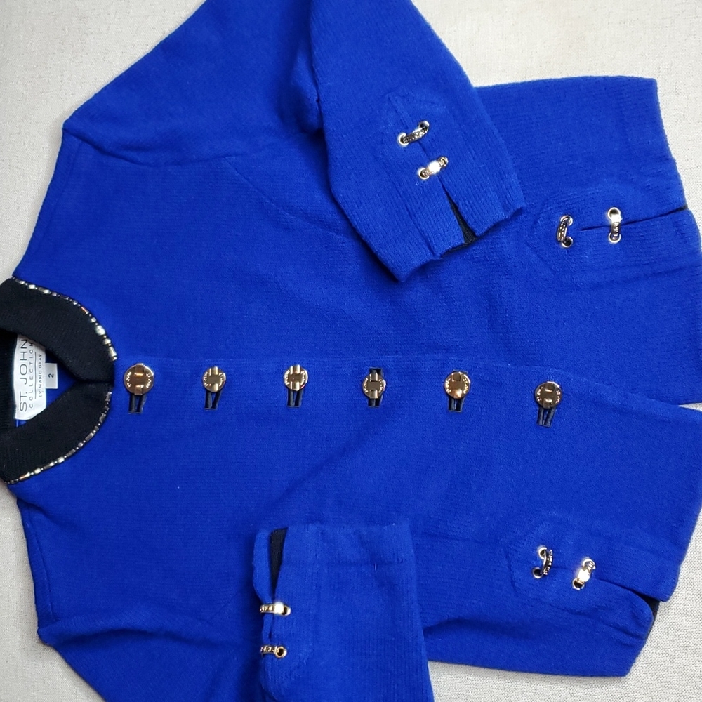St. John Collection Santana knit, blue jacket, gold buttons, size 2